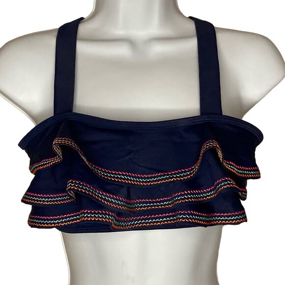 Land's End Girls Ruffle Flounce Bikini Top Navy Embroidered Cross Back Size 16 - Picture 14 of 16